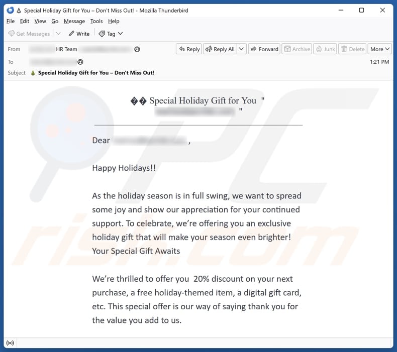 Special Holiday Gift For You email spam campaign