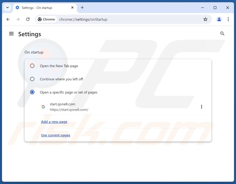 Removing start.qone8.com from Google Chrome homepage