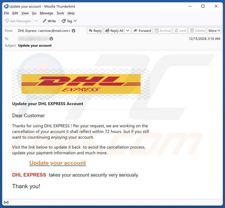 Update Your DHL Express Account email spam campaign