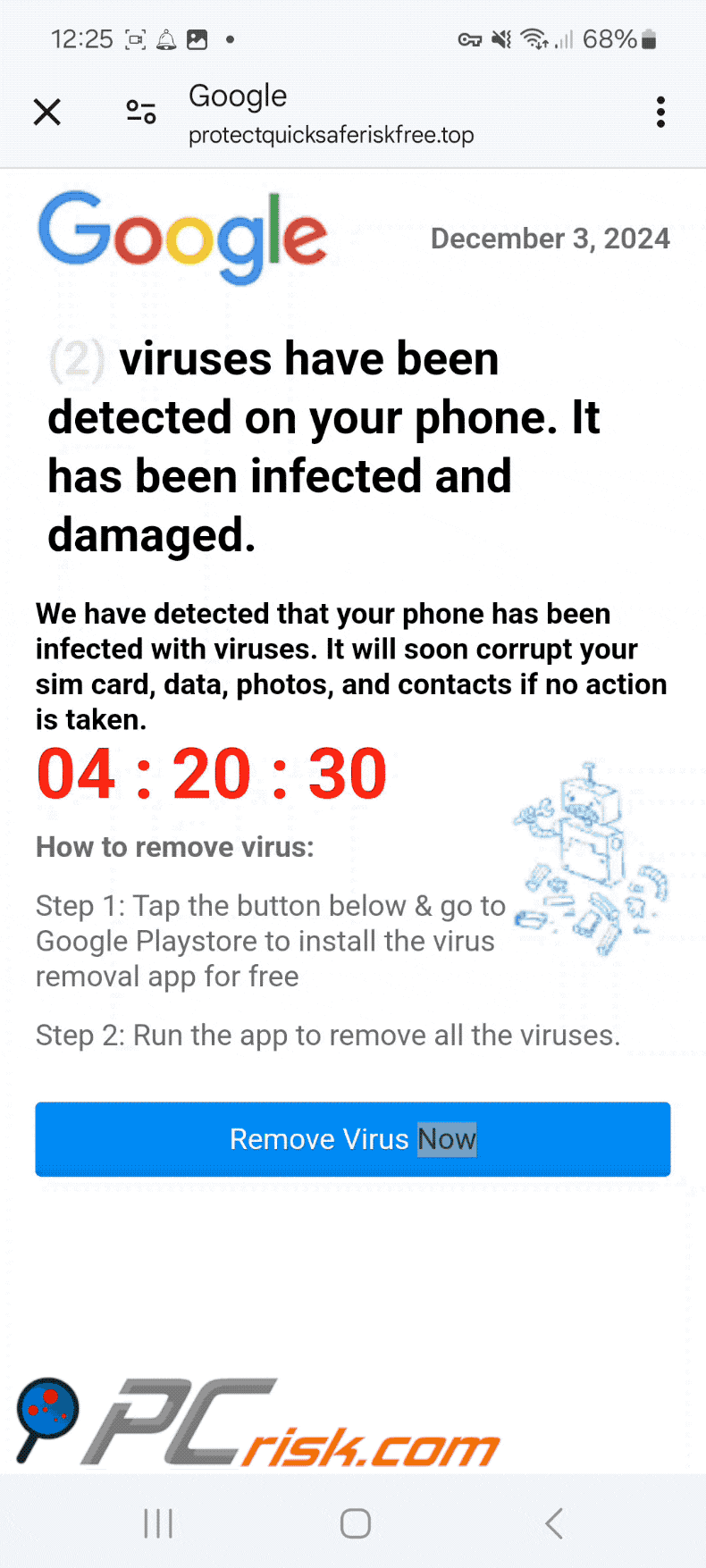 Appearance of Viruses Have Been Detected On Your Phone scam