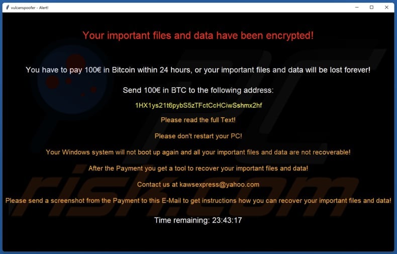 Vulcan ransomware ransom note (pop-up window)