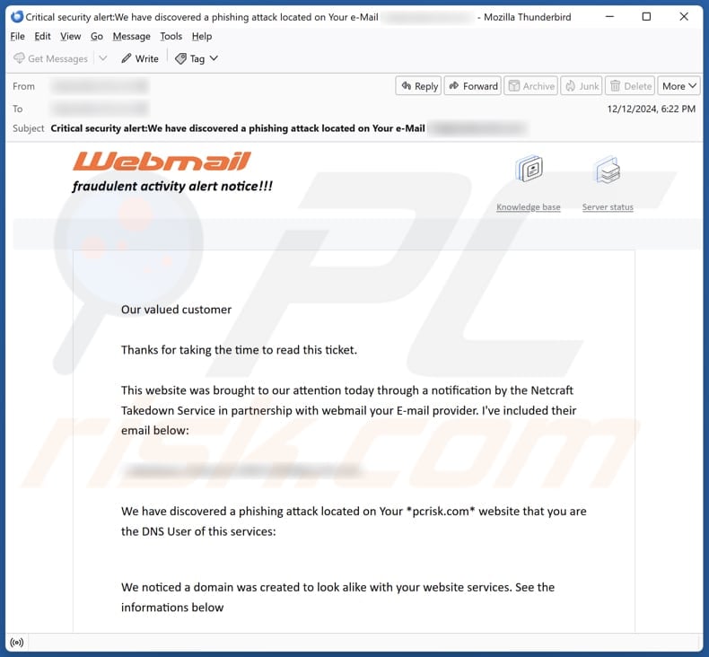 Webmail - Fraudulent Activity Alert Notice email spam campaign