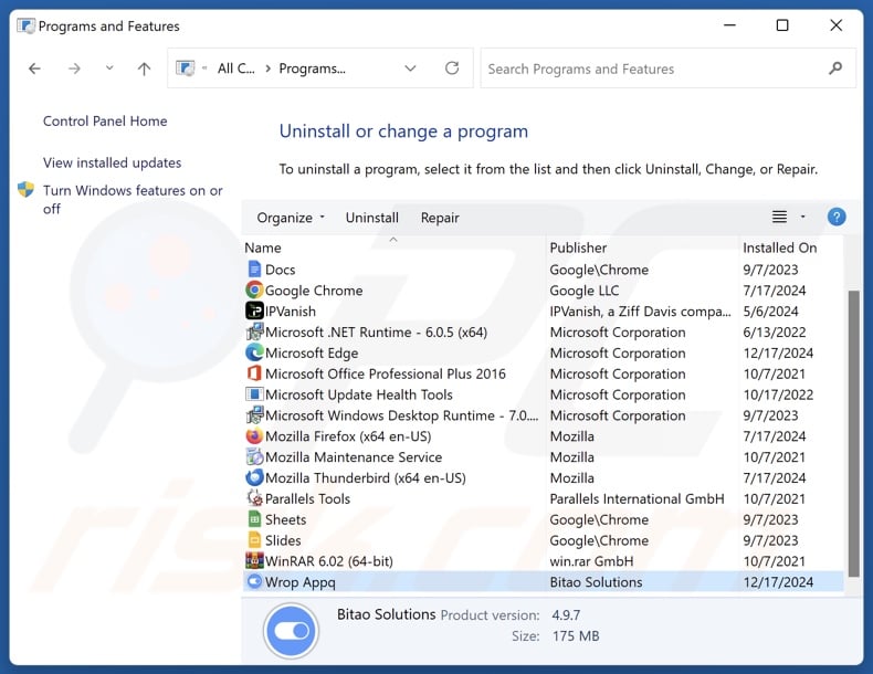 Wrop Appq uninstall via Control Panel