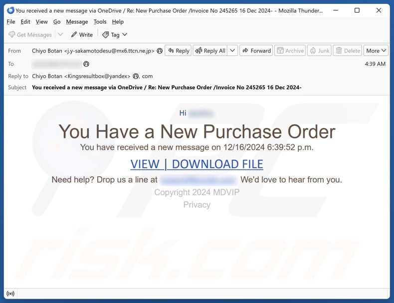 You Have A New Purchase Order email spam campaign