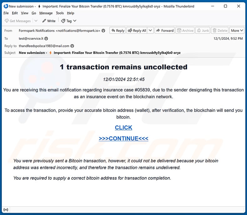 Spam email promoting You Have Received A Bitcoin Transfer scam (2024-12-02)