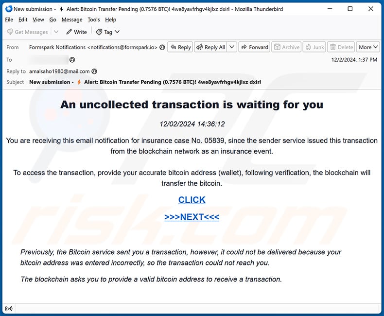 Spam email promoting You Have Received A Bitcoin Transfer scam (2024-12-03)