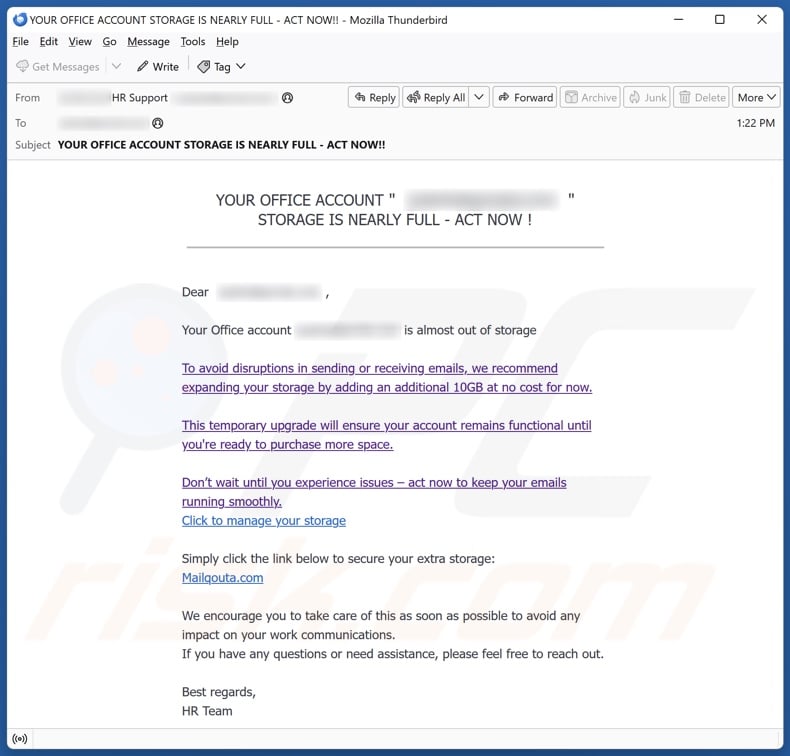 Your Office Account Storage Is Nearly Full email spam campaign
