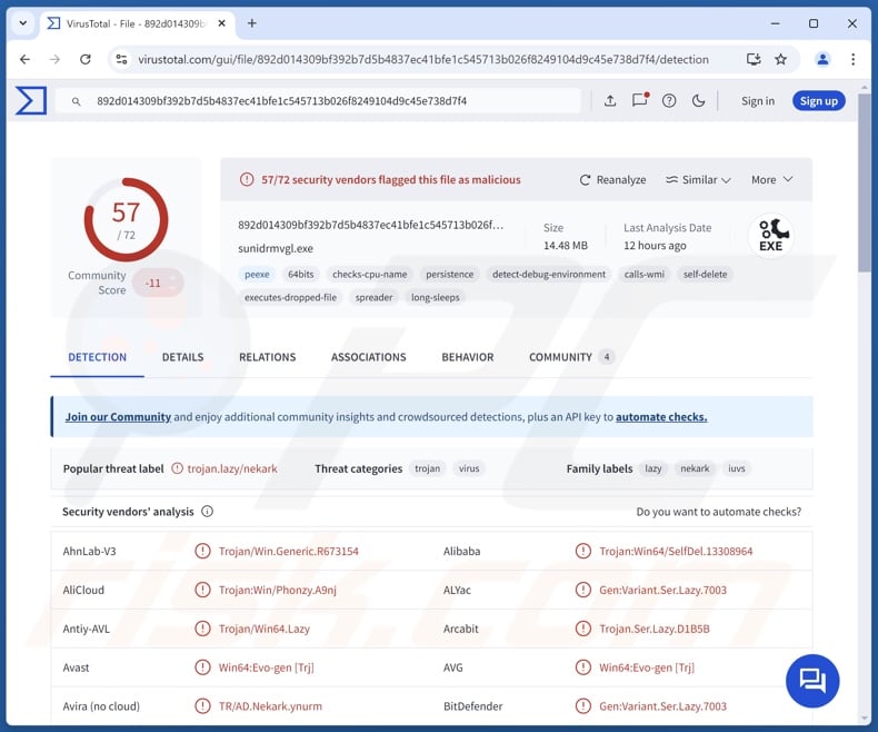 Zephyr Miner malware detections on VirusTotal