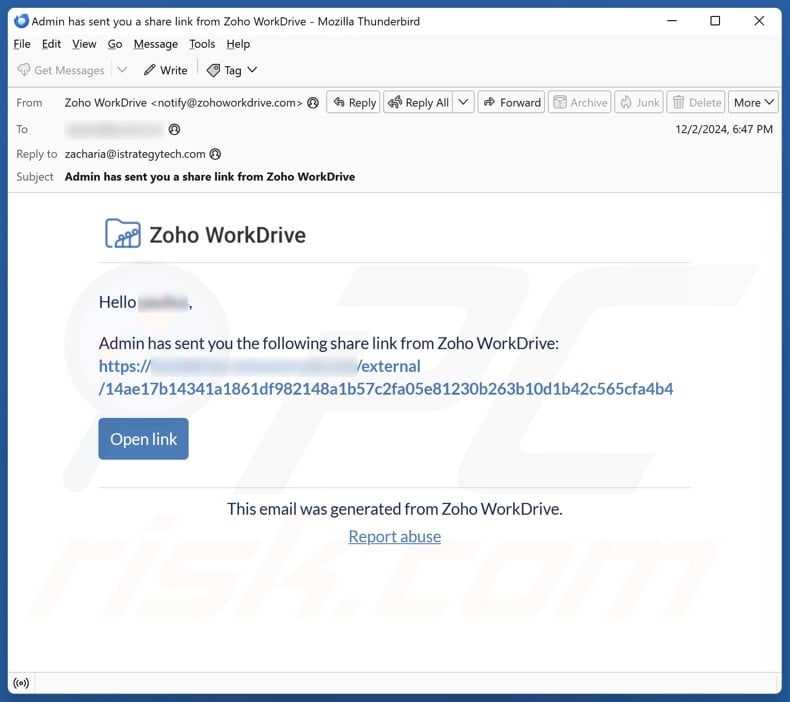 Zoho WorkDrive email spam campaign