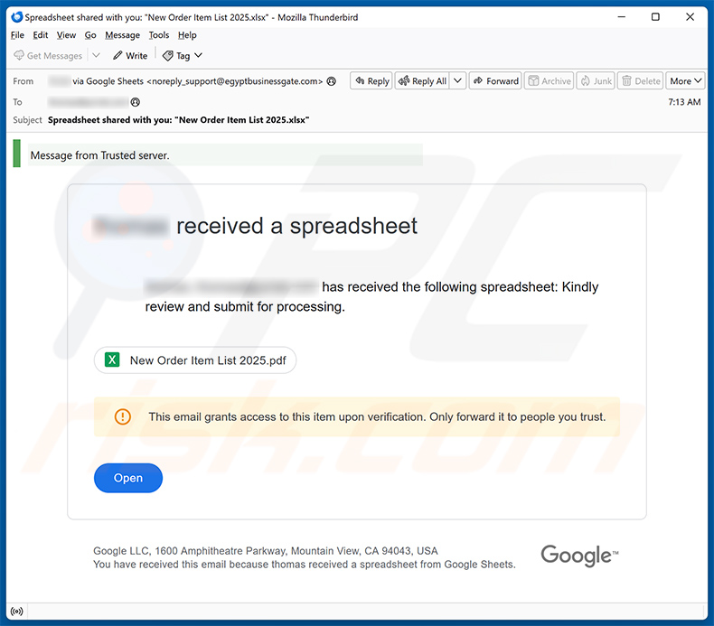 A Spreadsheet Has Been Shared email scam (2025-01-16)