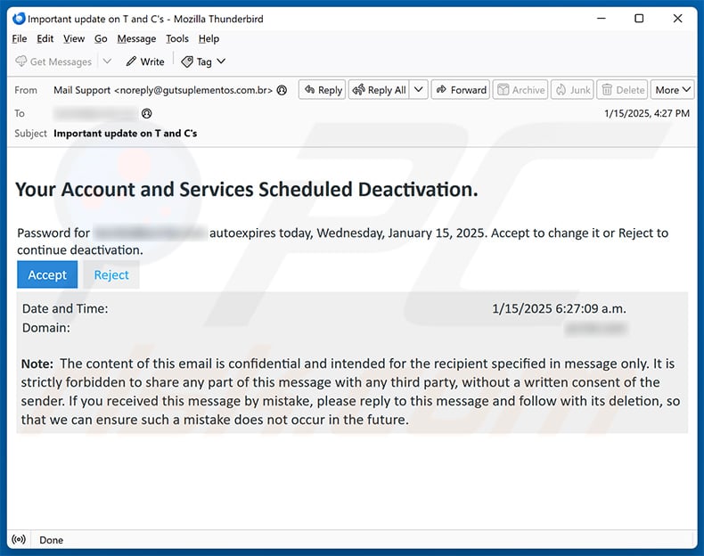 Your Account and Services Scheduled Deactivation email scam (2025-01-16)