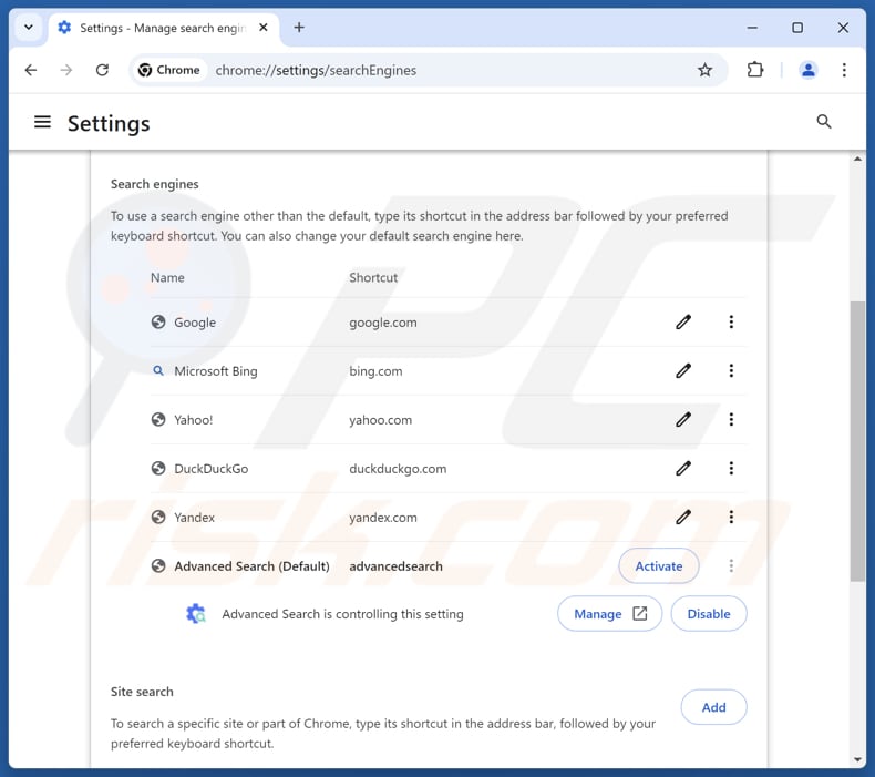 Removing advancedsearches.net from Google Chrome default search engine