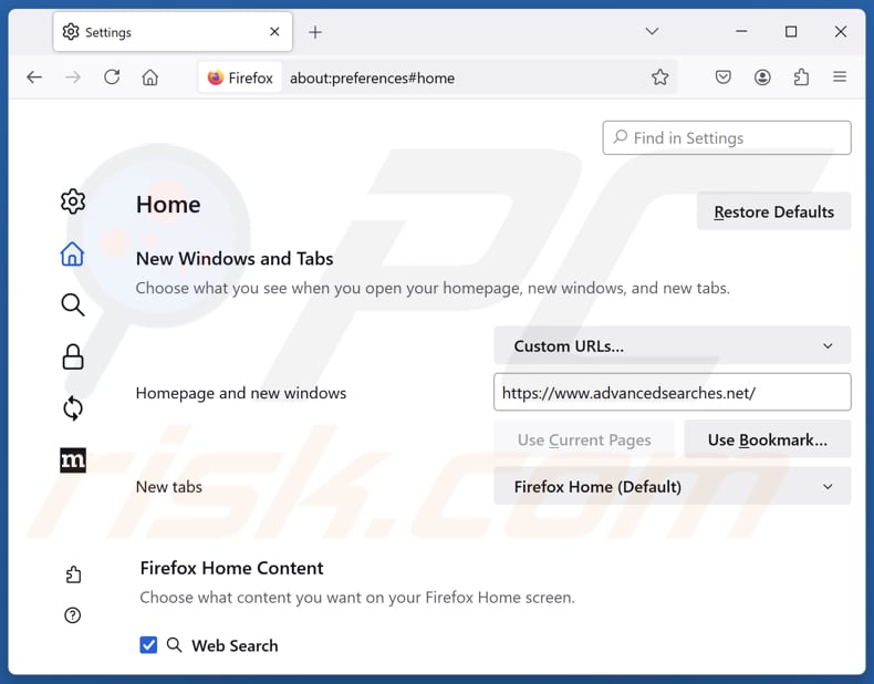 Removing advancedsearches.net from Mozilla Firefox homepage