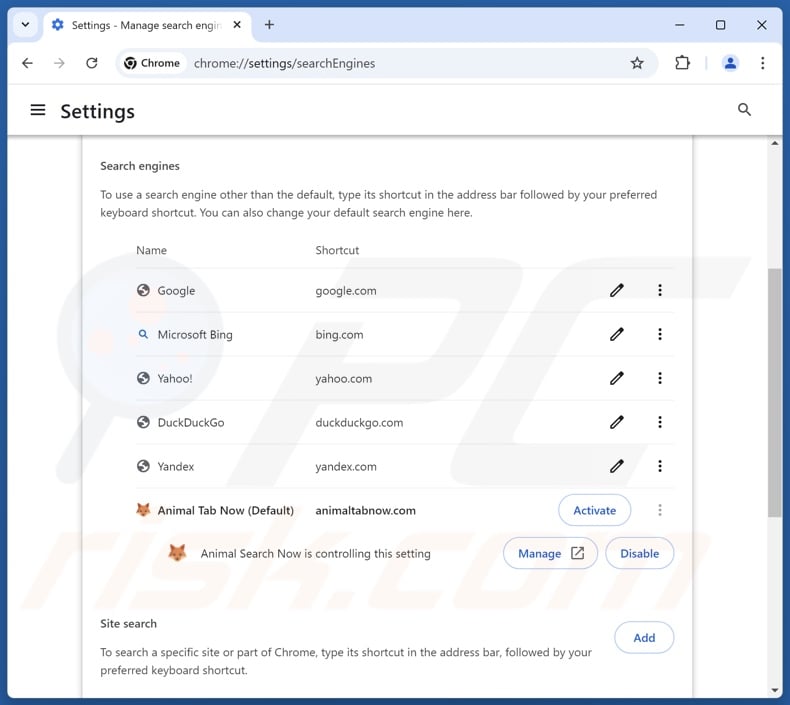Removing animaltabnow.com from Google Chrome default search engine