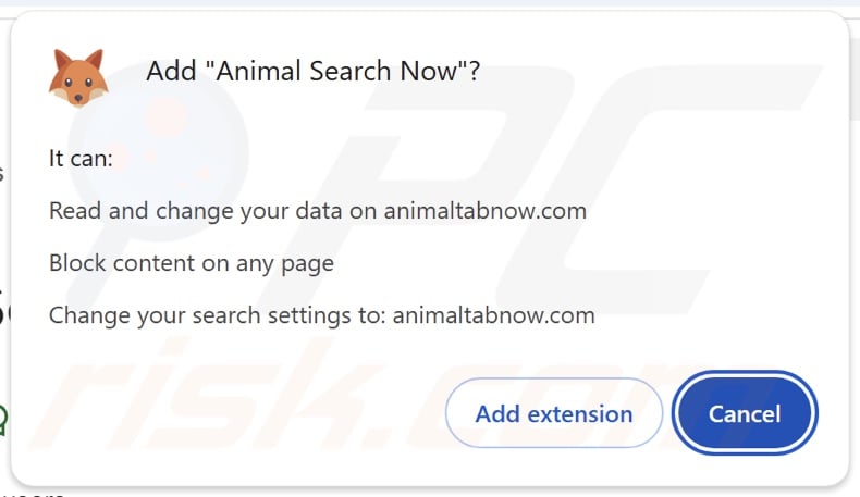 Animal Search Now browser hijacker asking for permissions