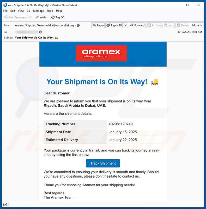 Aramex-themed spam email (2025-01-16)