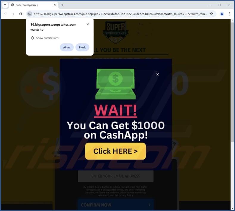 bigsupersweepstakes[.]com pop-up redirects