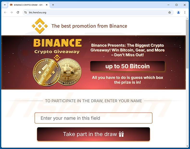 Binance cryptogiveaway scam website (btc.hend.eu[.]org)