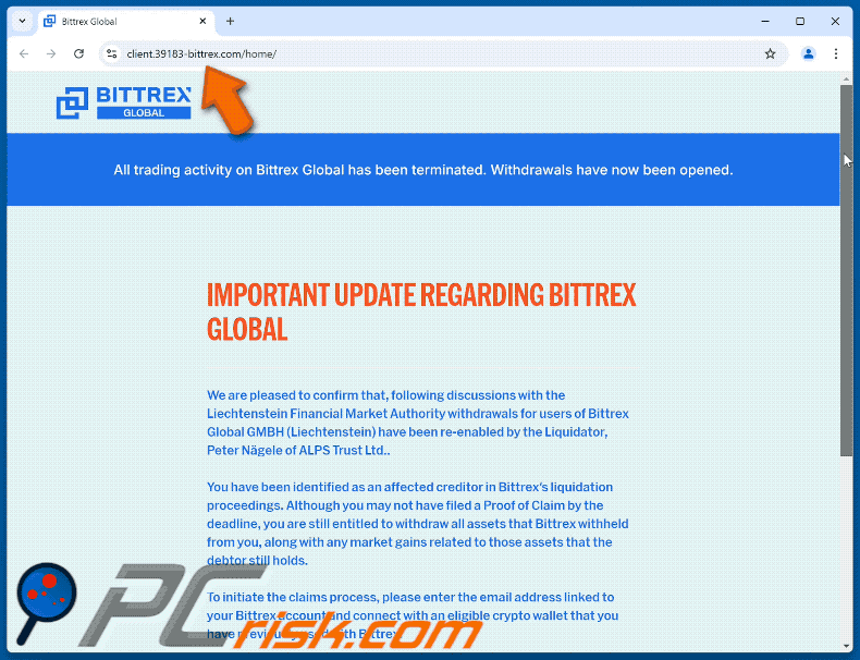 Bittrex Inc Bankruptcy Notice scam email promoted drainer site (GIF)