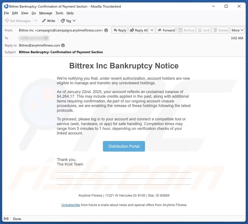 Bittrex Inc Bankruptcy Notice email spam campaign