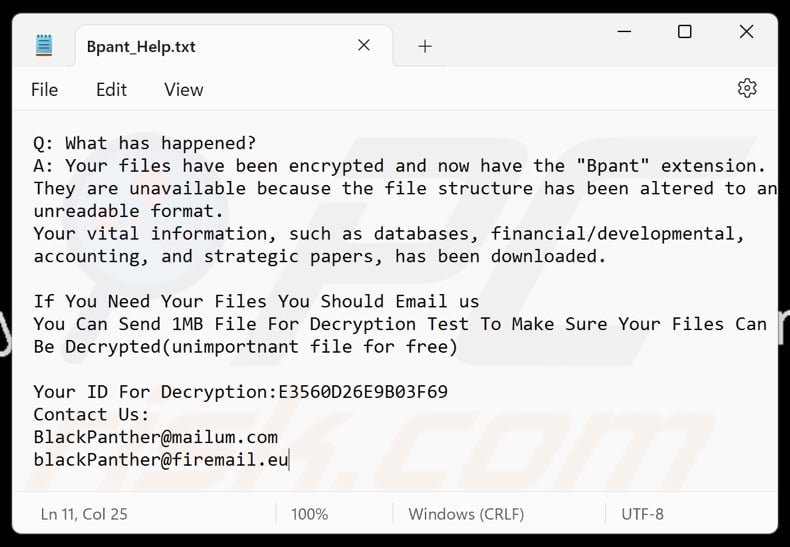 BlackPanther ransomware ransom note (Bpant_Help.txt)