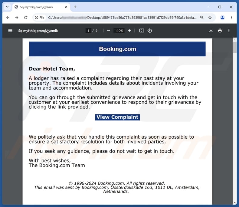 Booking.com email spam campaign