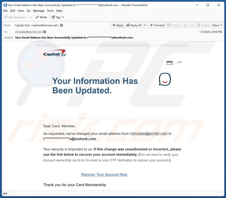 Capital One - Email Address Change email spam campaign