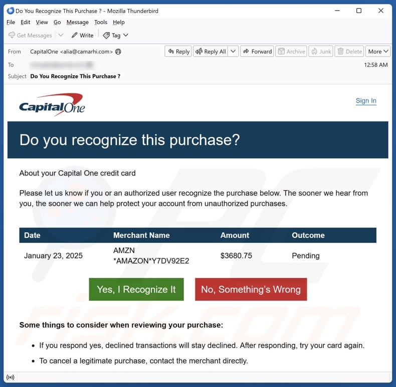 Capital One - Unrecognized Purchase email spam campaign