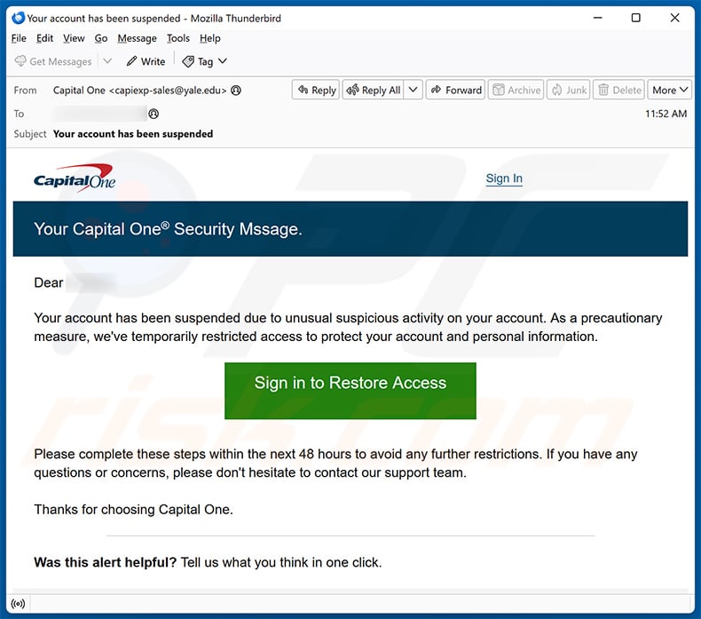 Your Capital One Security Message Email Scam (2025-01-08)