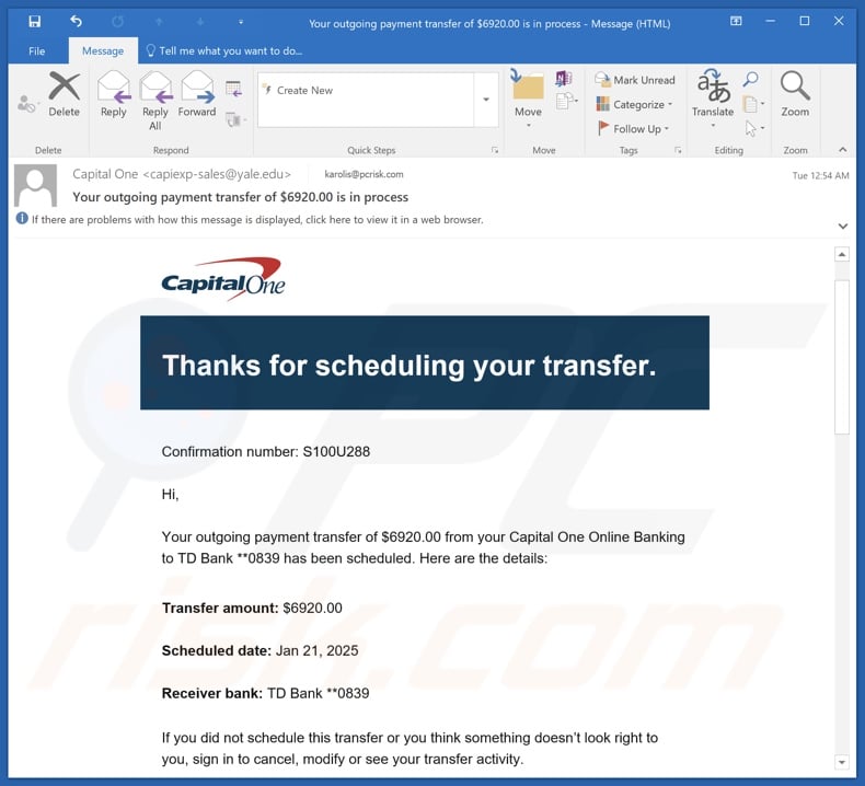 Capital One - Transfer Schedule email spam campaign