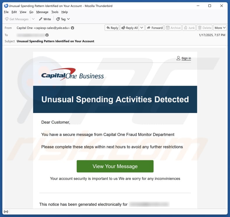 Capital One - Unusual Spending Activities Detected email spam campaign