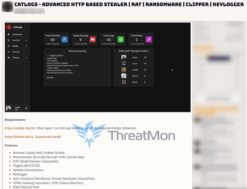 CatLogs malware promoted on a hacker forum