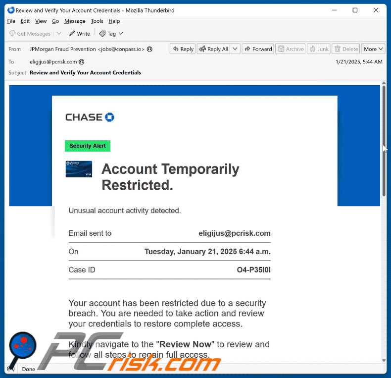 Chase Account Temporarily Restricted scam email appearance (GIF)