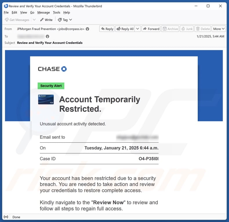 Chase Account Temporarily Restricted email spam campaign