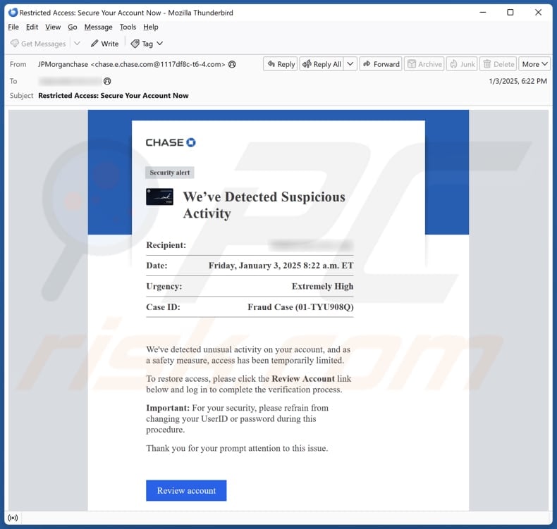 Chase - Suspicious Activity email spam campaign