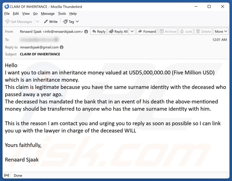 Claim Inheritance Money email spam campaign