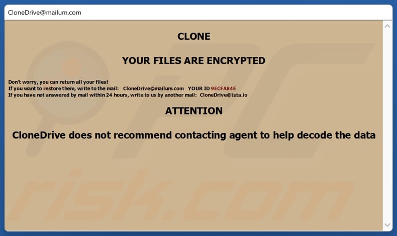 Clone ransomware ransom note (pop-up)