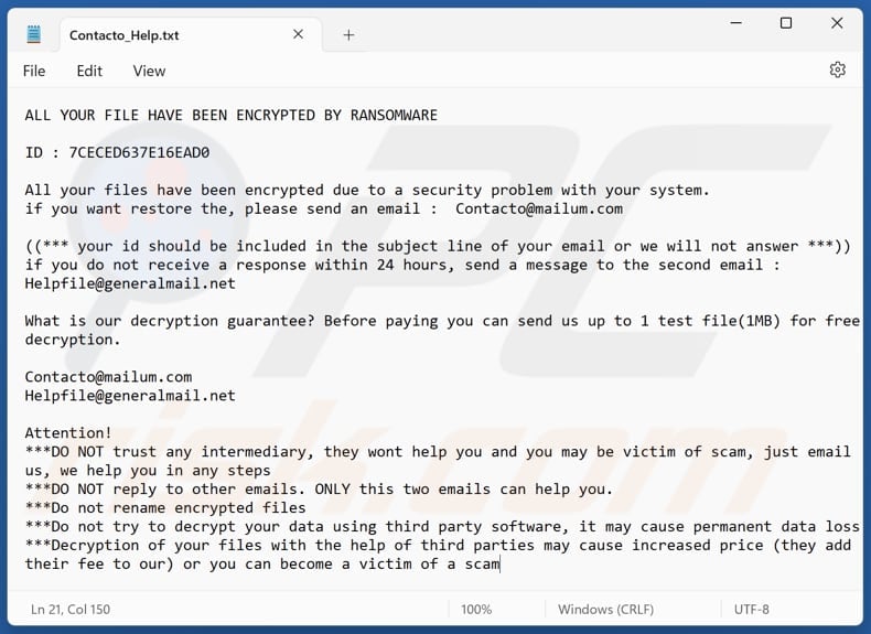 Contacto ransomware text file (Contacto_Help.txt)