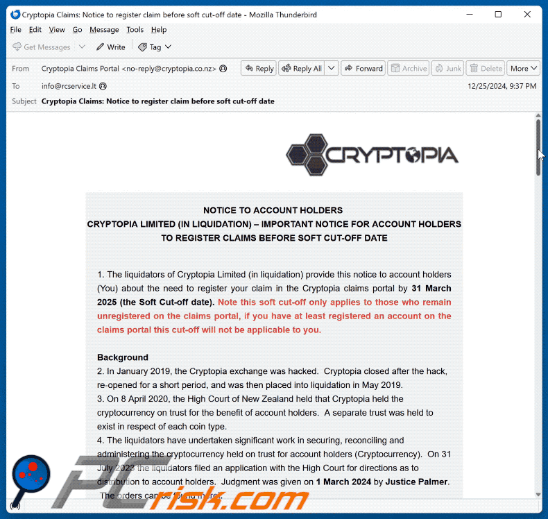 Cryptopia email scam email appearance