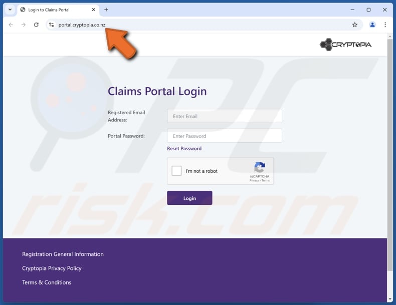 Cryptopia email scam fake website (cryptopia.co.nz)