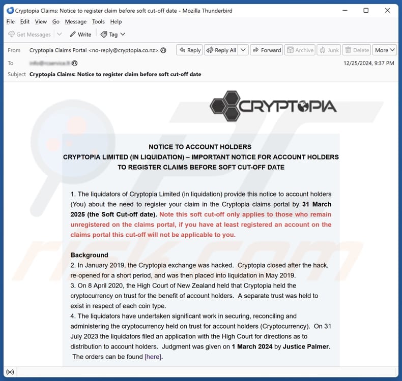 Cryptopia email spam campaign