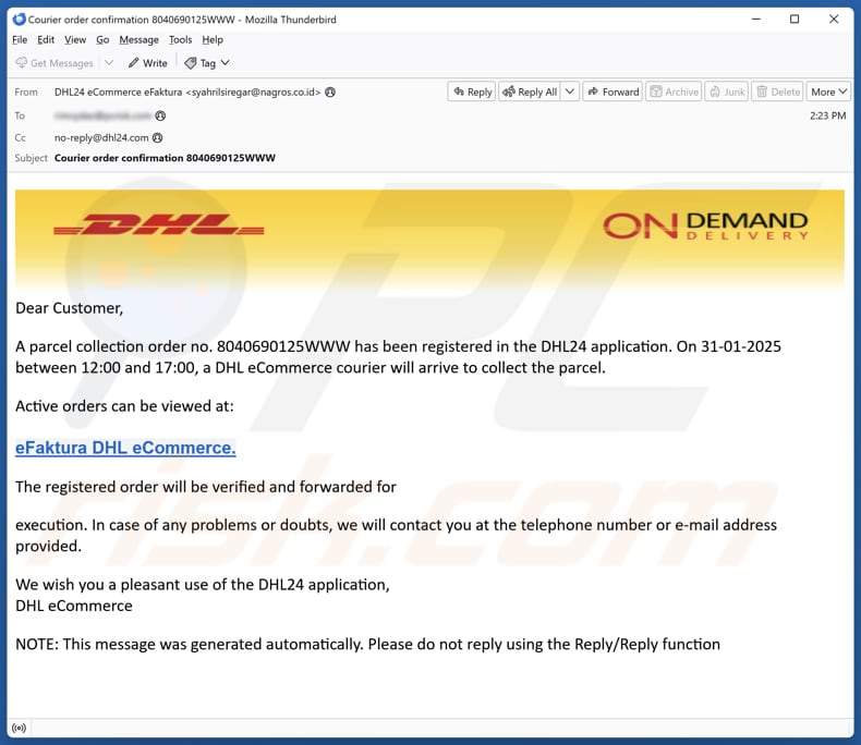 DHL - A Parcel Collection Has Been Registered email spam campaign