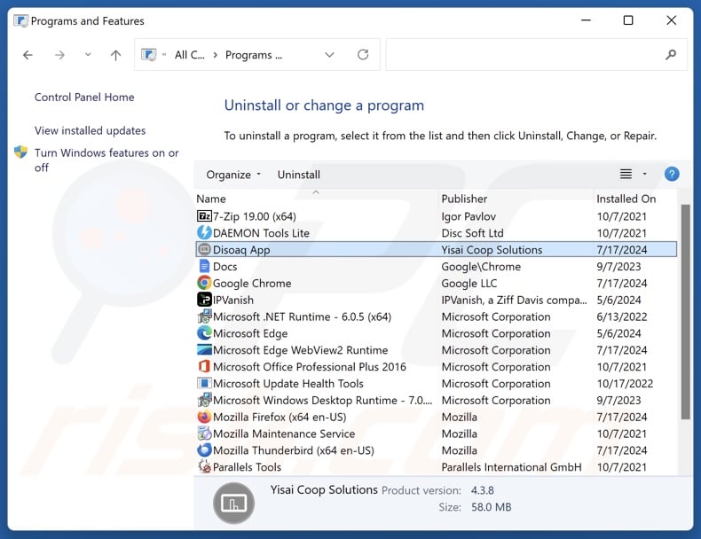 Disoaq App uninstall via Control Panel