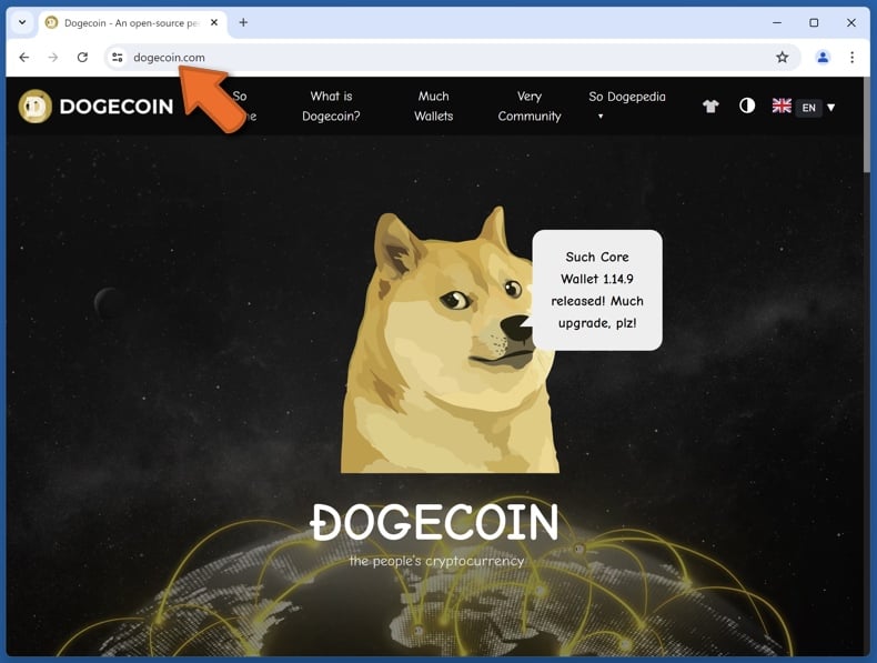 Appearance of the real Dogecoin website (dogecoin.com)