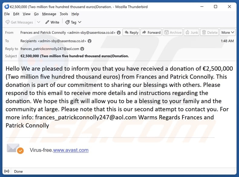 Donation From Frances and Patrick Connolly email spam campaign