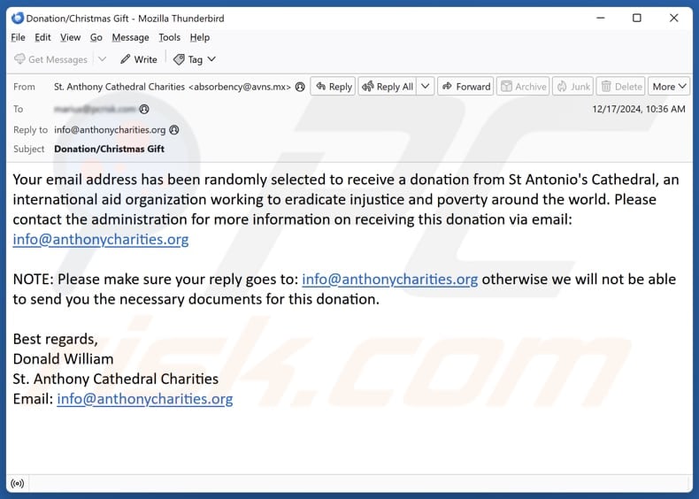 Donation From St Antonio's Cathedral email spam campaign