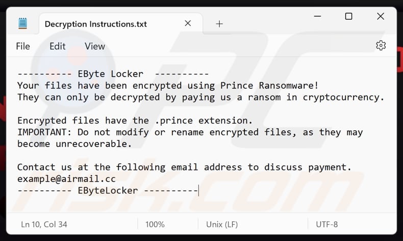 EByte Locker ransomware text file (Decryption Instructions.txt)