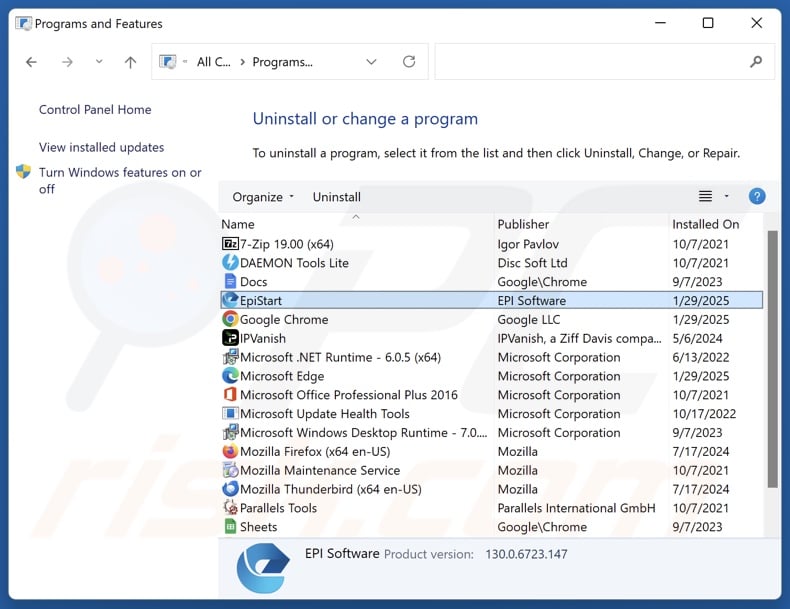EpiStart (EpiBrowser) uninstall via Control Panel