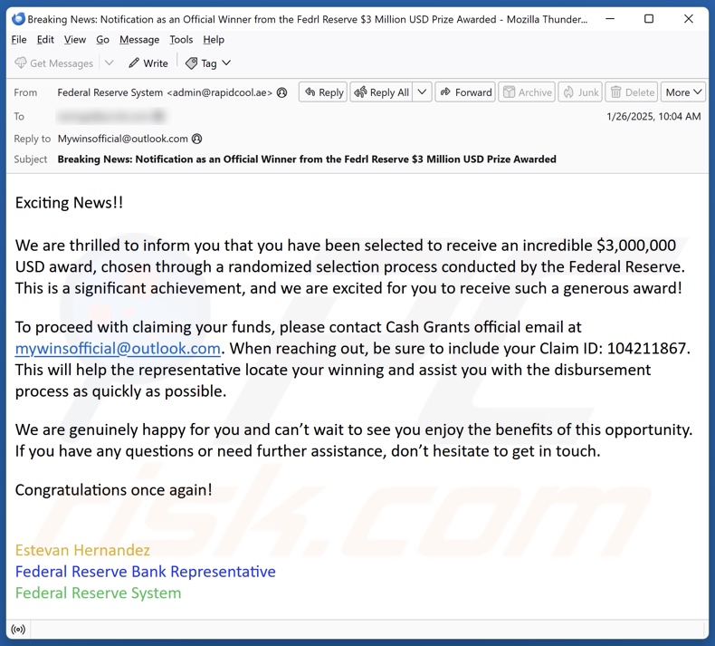 Federal Reserve Award email spam campaign