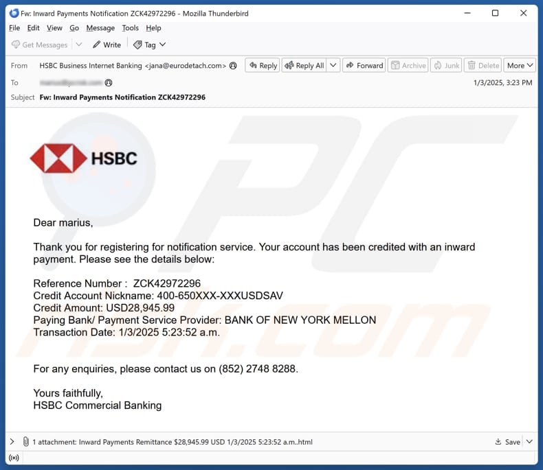 HSBC - Account Credited With An Inward Payment email spam campaign